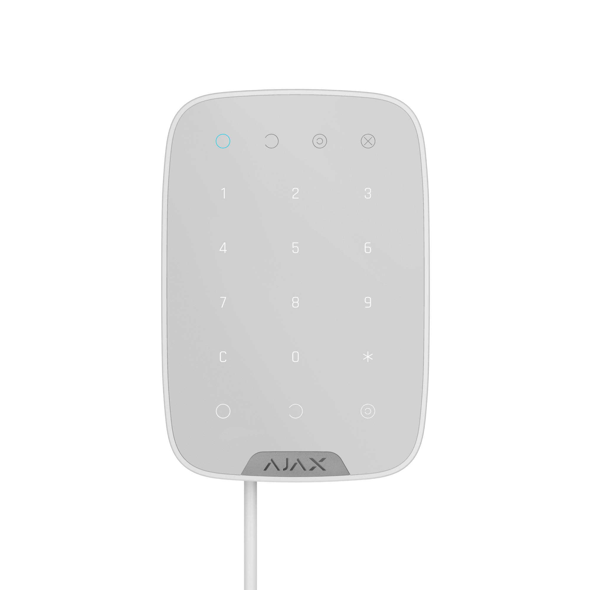Ein weißes Tastenfeld mit nummerierten Tasten und einem Kabel, Marke "AJAX" am unteren Rand.