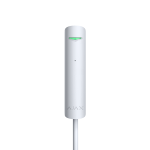 Ein schlanker, weißer Sensor mit einem kleinen grünen Licht an der Oberseite, Text "AJAX" ist unten sichtbar.
