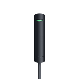 Ein schwarzer, zylindrischer Sensor mit einem kleinen grünen Licht auf einer schwarzen Hintergrund.