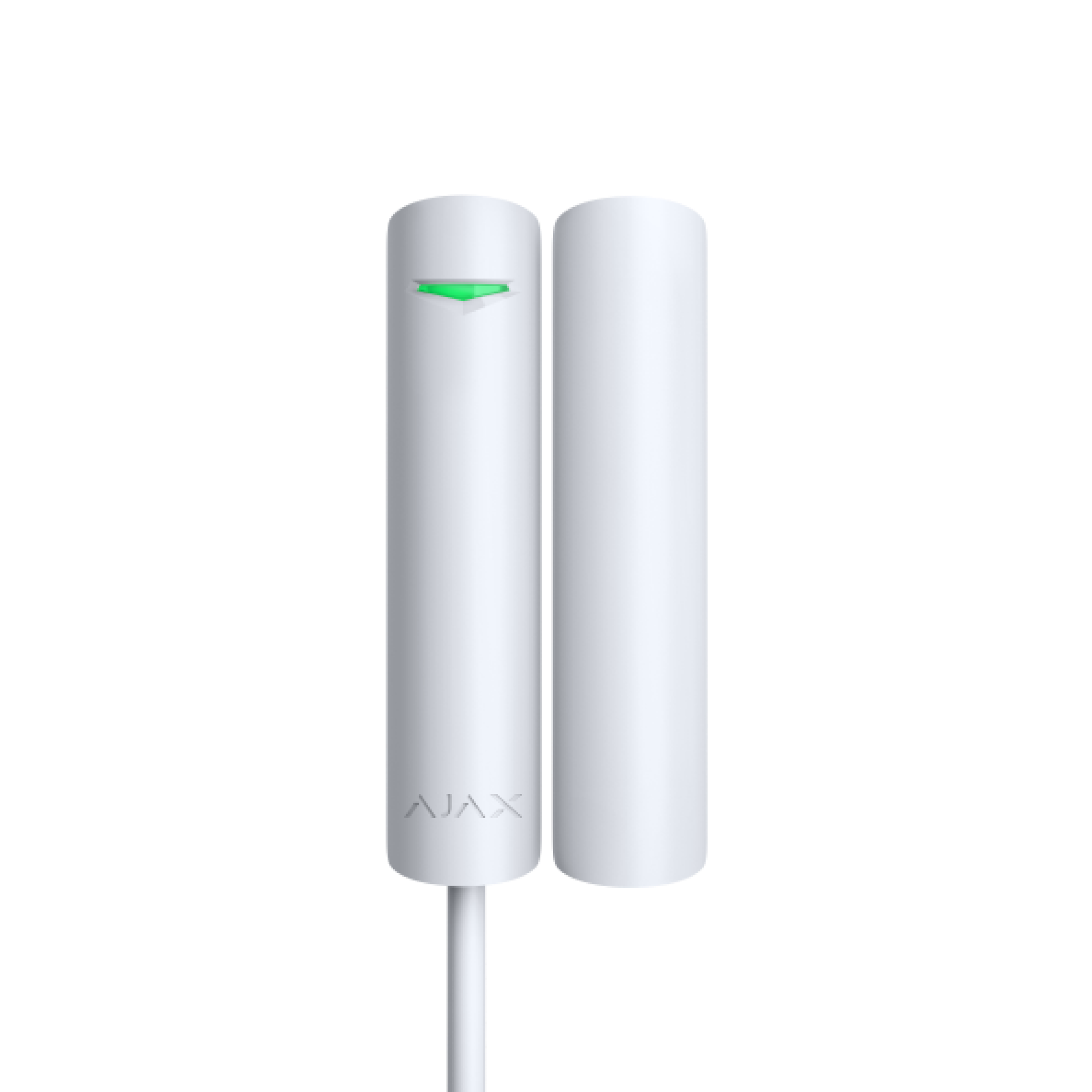 Weißer Türöffnungsdetektor mit grünem LED-Licht und Kabel.