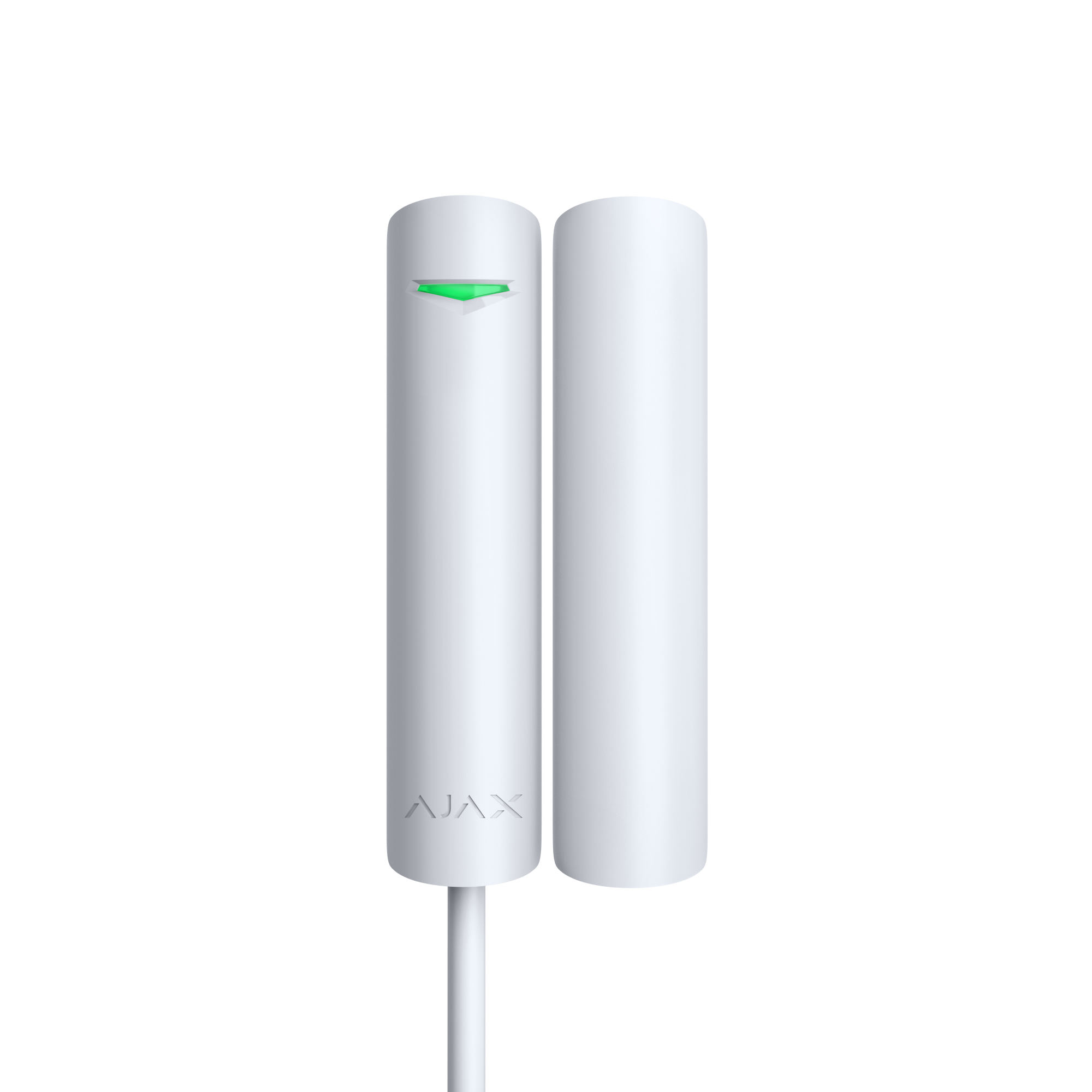 Weißer zylindrischer Sensor mit LED-Leuchte und Anschlusskabel, daneben ein gleichgroßer zylindrischer Magnet.