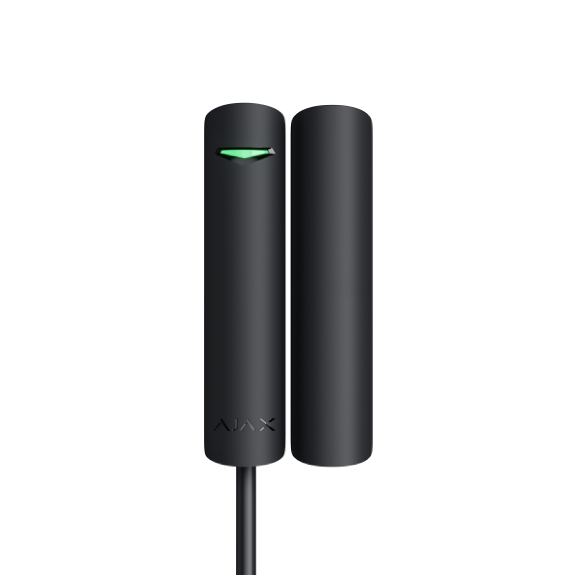 Schwarzer elektronischer Sensor mit grünem Licht und einer Markierung "AJAX" auf der Vorderseite.