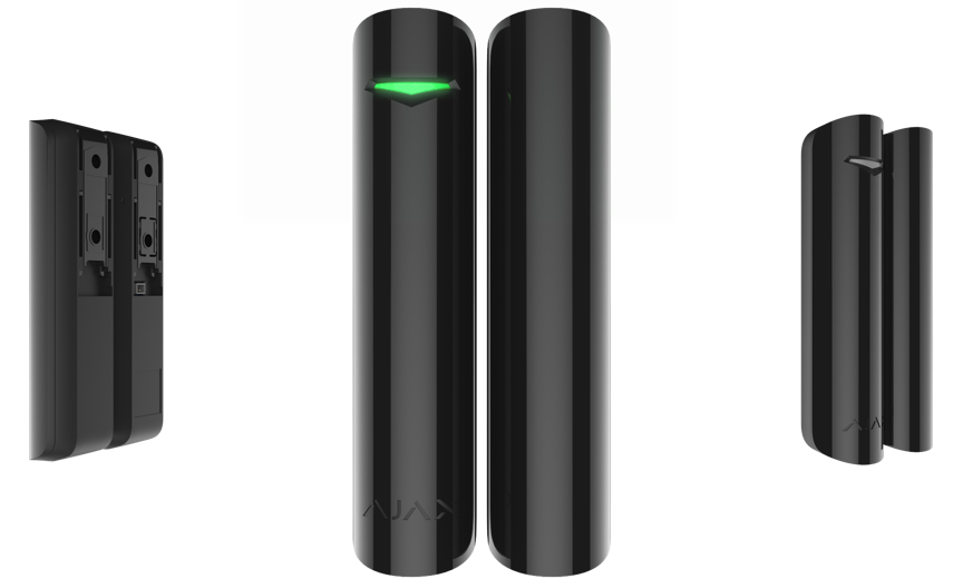 Ein schwarzer, schlanker Tür- oder Fenstersensor mit grünem Lichtsignal, Vorder- und Seitenansicht gezeigt.