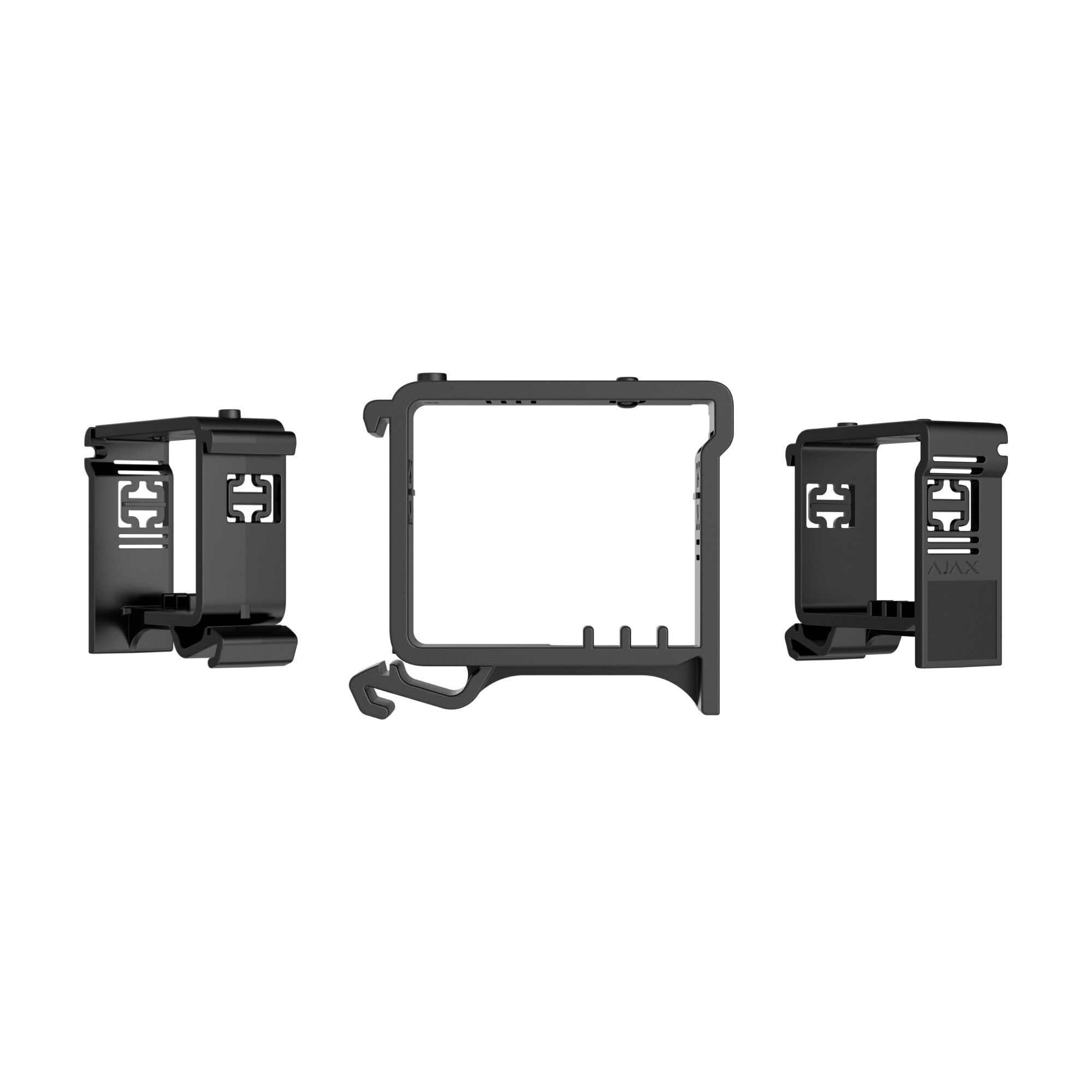 Drei schwarze Halterungen in verschiedenen Ansichten auf weißem Hintergrund.