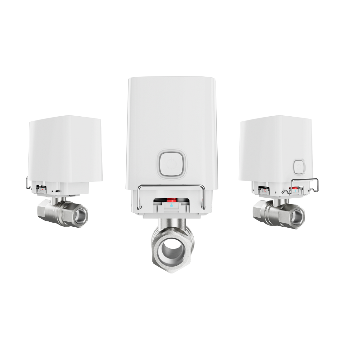 Drei weiße Thermostatventile mit Metallanschlüssen auf weißem Hintergrund.