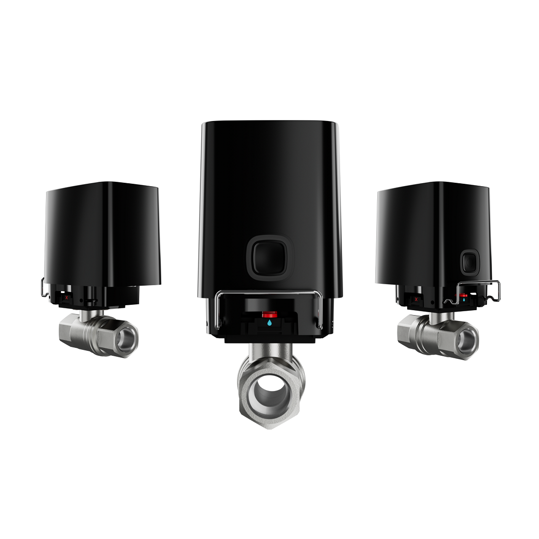 Drei schwarze elektrische Ventile mit Metallverbindungen auf weißem Hintergrund.