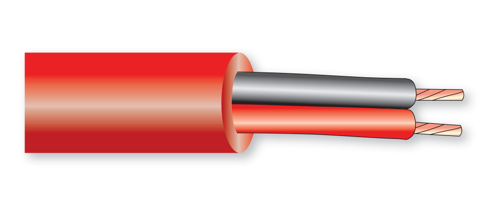 Querschnitt eines roten elektrischen Kabels mit einem schwarzen und einem roten Draht im Inneren.