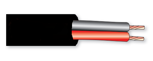 Ein Paar parallel verlaufender, isolierter Drähte, einer rot und einer grau, mit freiliegenden Kupferspitzen.