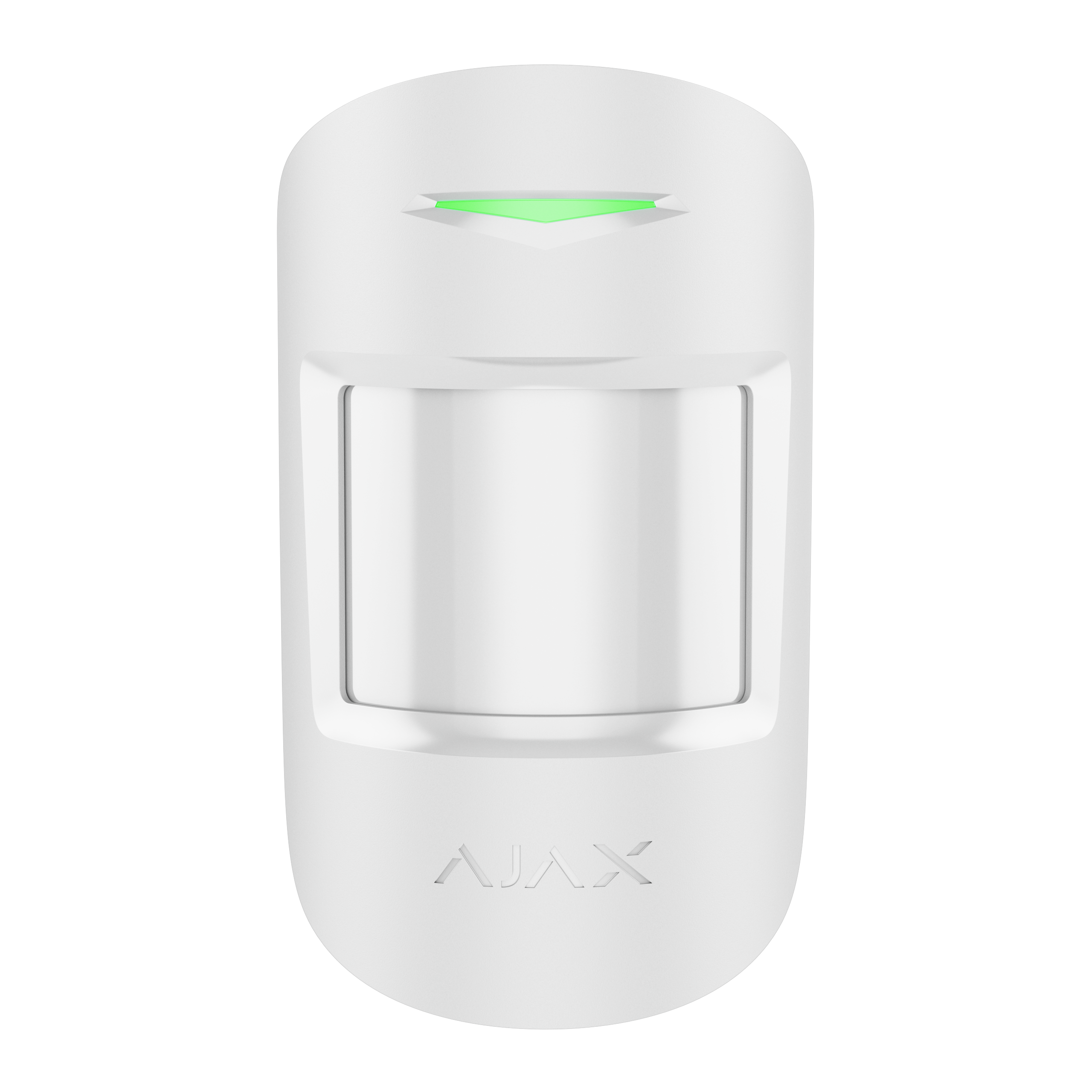 Weißer Bewegungssensor mit grüner LED-Anzeige und dem Schriftzug "Ajax" auf schwarzem Hintergrund.