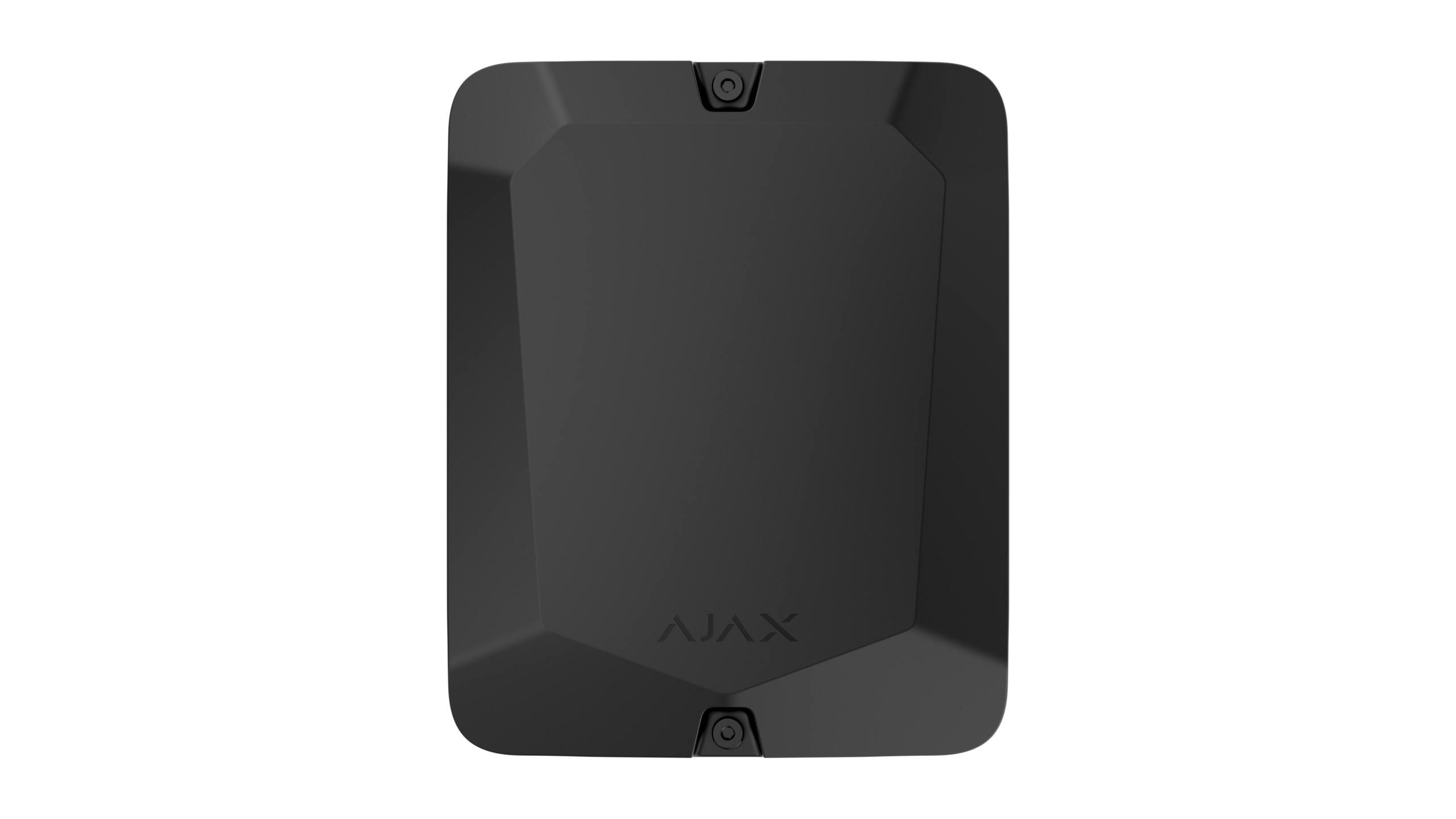 Schwarzes quadratisches Gerät mit abgeschrägten Ecken und dem Logo "AJAX" unten.