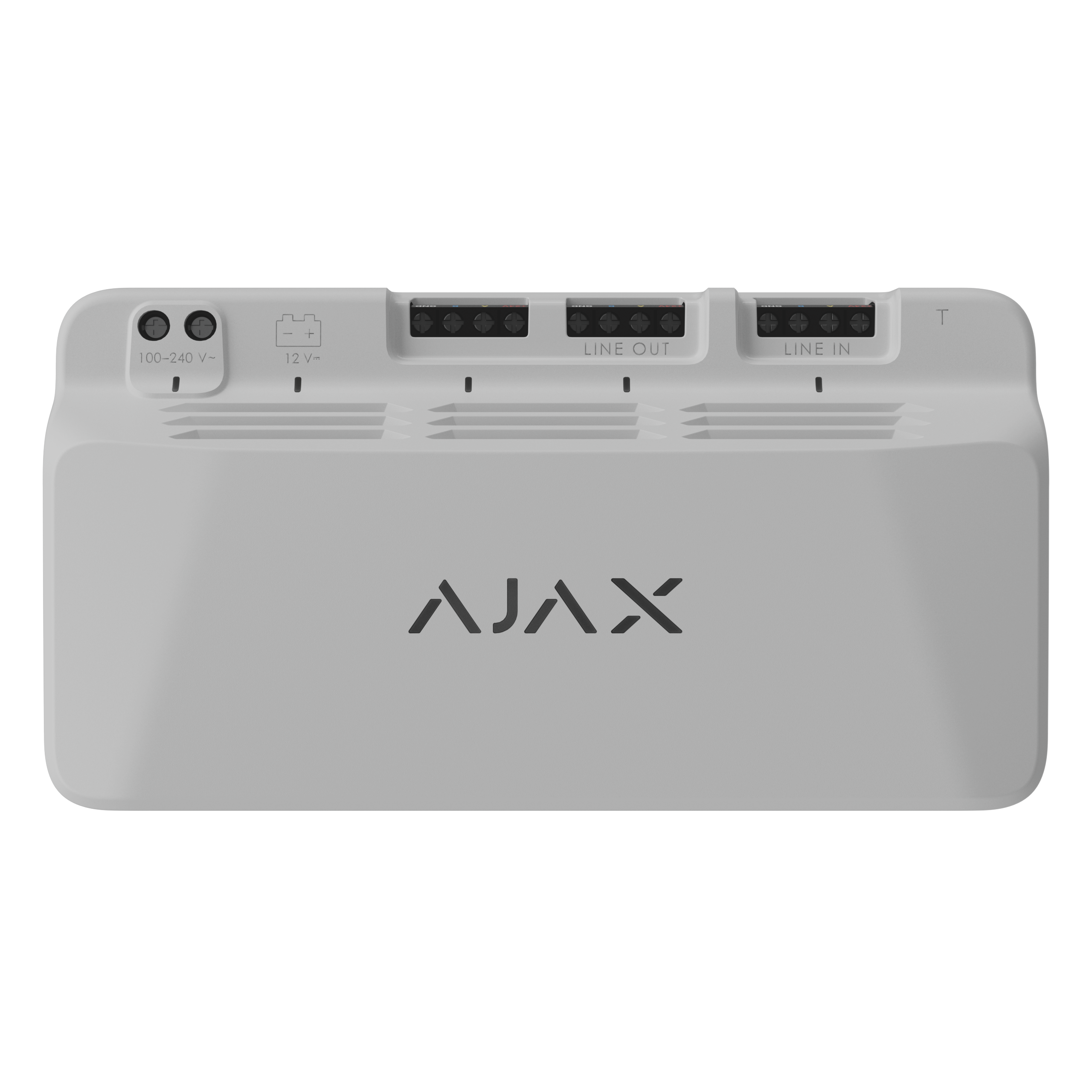 Rückseite eines weißen AJAX-Geräts mit Anschlüssen für Strom, LINE IN und LINE OUT.