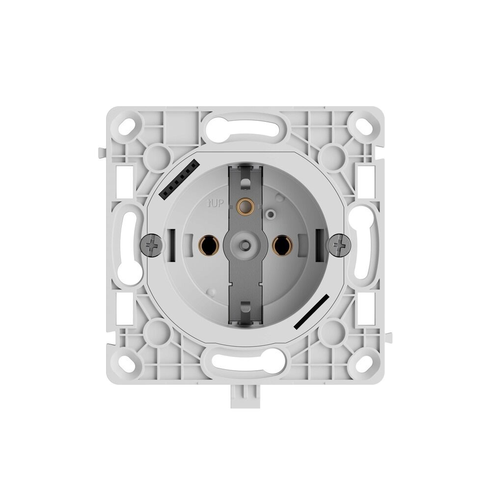 Weiße Steckdose in quadratischer Halterung, frontalansicht.