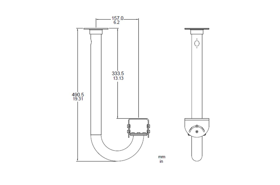 Technische Zeichnung eines Siphons mit Bemaßungen in Millimetern und Zoll.