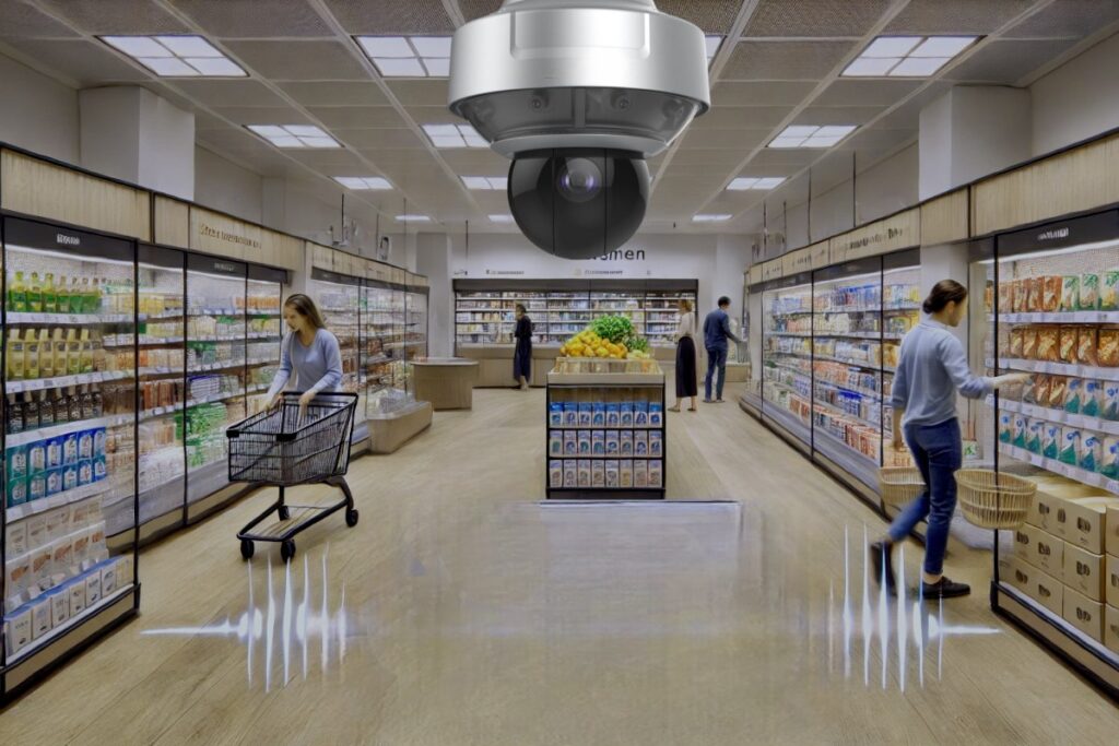 Überwachungsamera in einem Supermarkt, mit Kunden, die Regale mit Lebensmitteln durchstöbern.