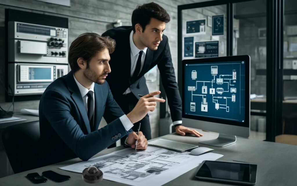 Zwei Männer in Anzügen arbeiten an einem Computer mit technischen Zeichnungen und Diagrammen im Büro.