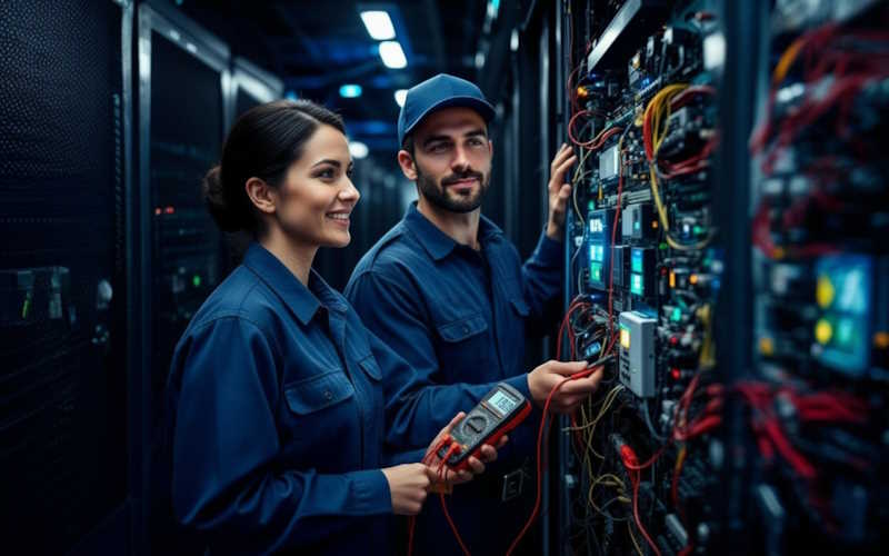 Zwei Techniker in blauer Arbeitskleidung arbeiten lächelnd an einem Server-Schrank mit Messgerät in der Hand.