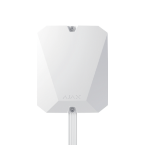 Weiße geometrische Box mit dem Markennamen "AJAX" und einem unten am Gehäuse befestigten Kabel.
