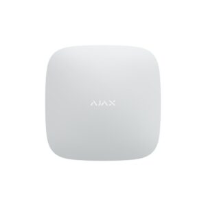 Ein weißes, quadratisches elektronisches Gerät mit der Aufschrift "AJAX" in der Mitte.