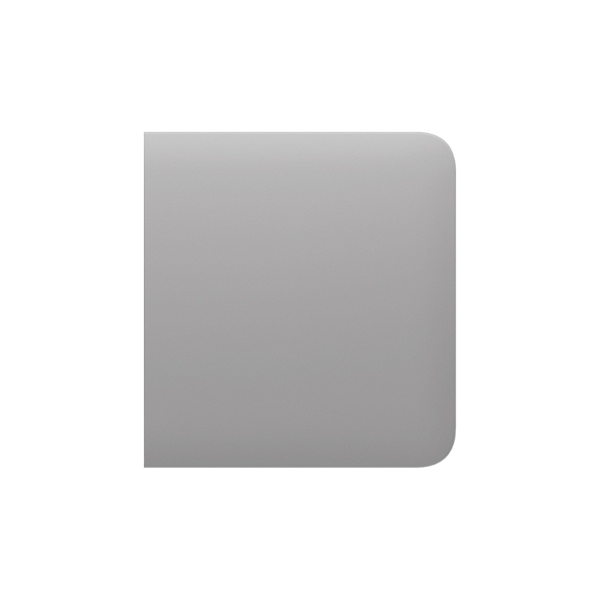 Graues, rechteckiges Objekt mit abgerundeten Kanten auf weißem Hintergrund.