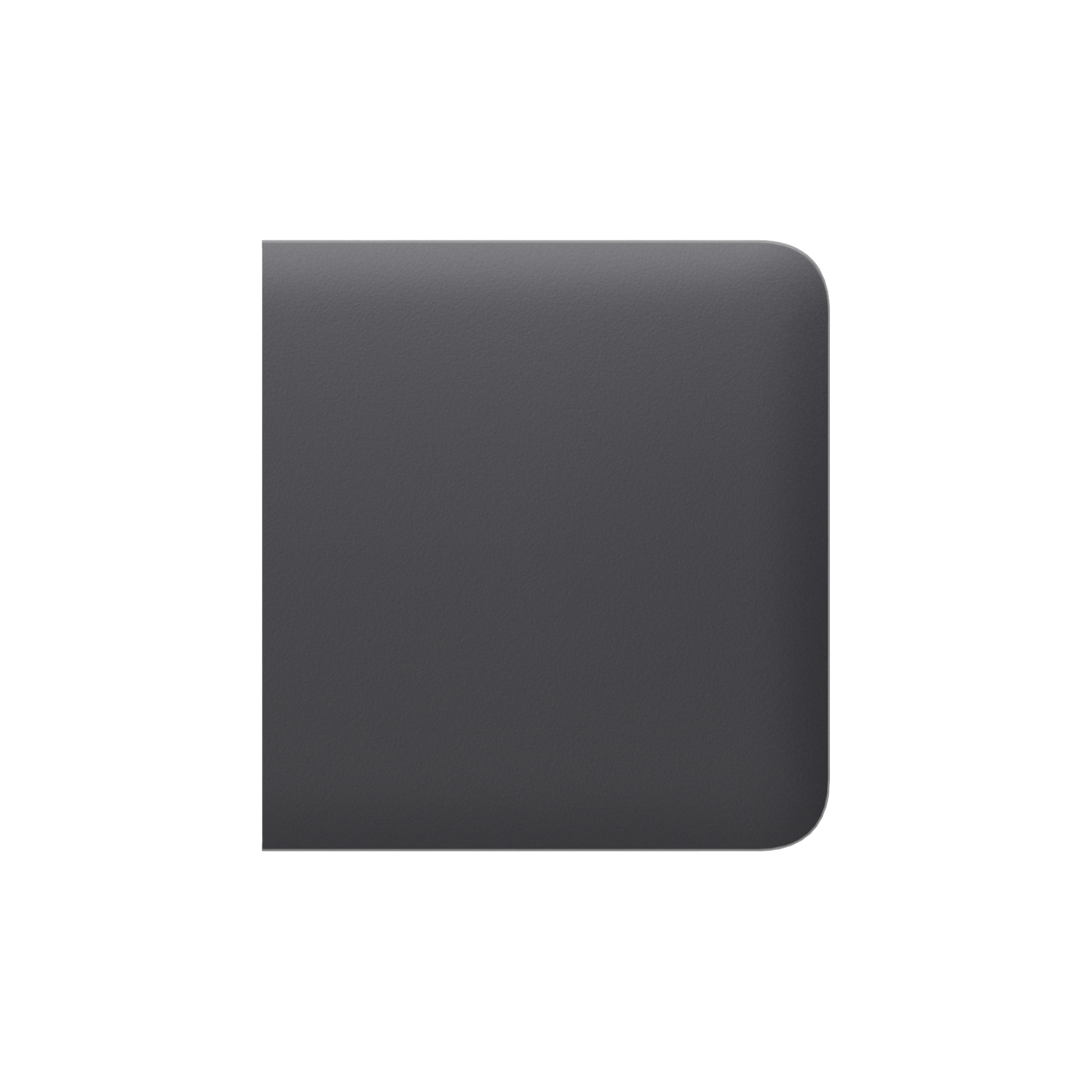 Ecke eines schwarzen, rechteckigen Objekts mit abgerundeten Kanten auf weißem Hintergrund.