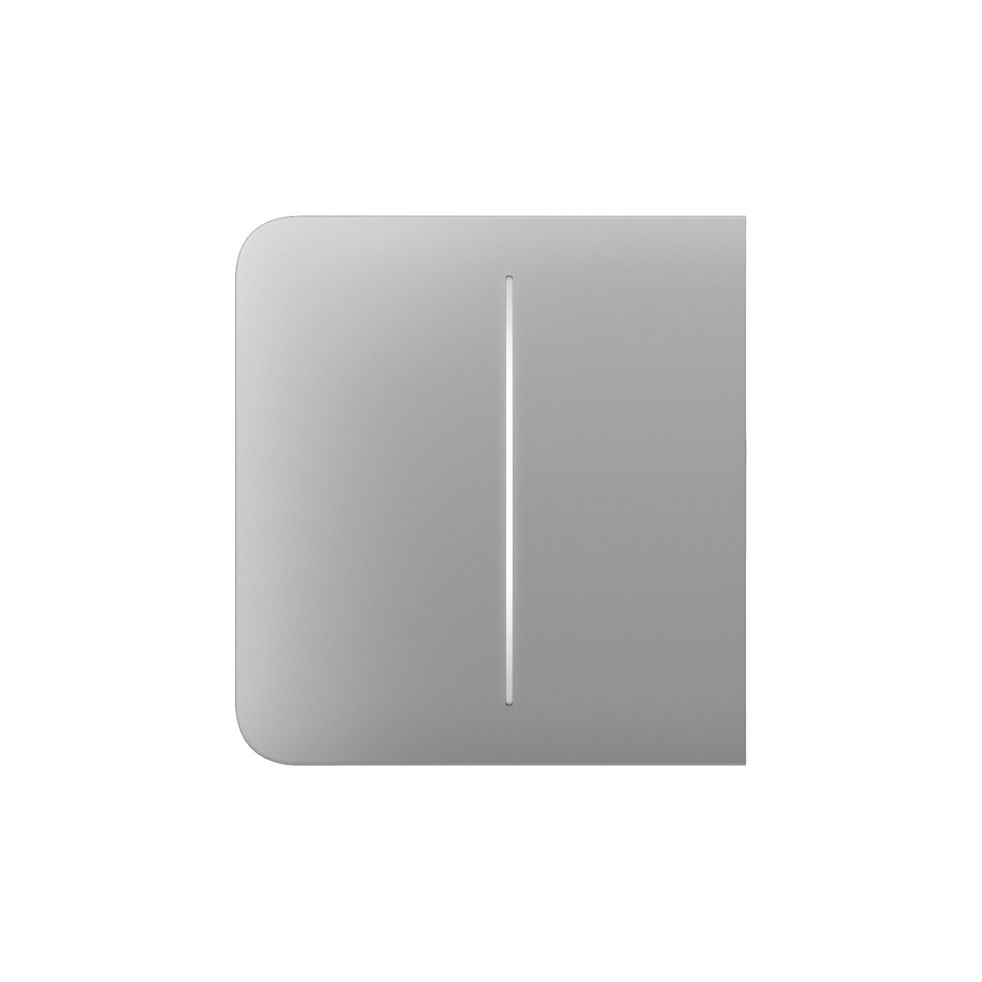 Quadratisches, silbernes Objekt mit einer vertikalen Linie in der Mitte auf weißem Hintergrund.