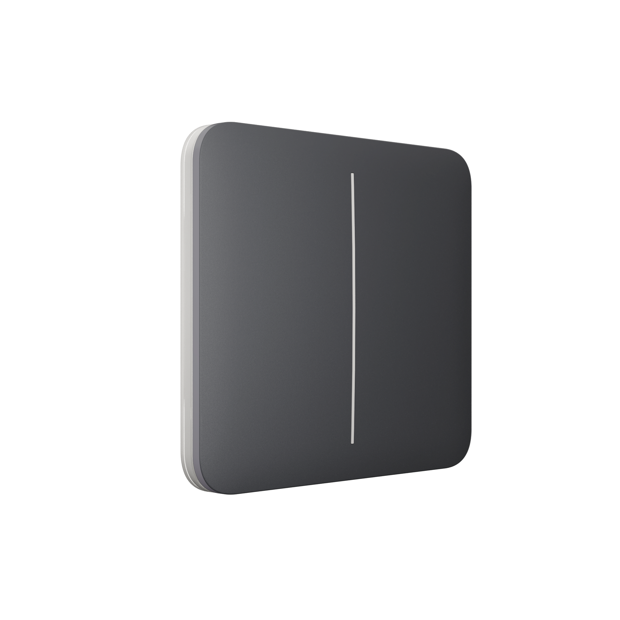Schwarzer, quadratischer Lichtschalter mit vertikaler Linie in der Mitte, zeigt ein minimalistisches Design.