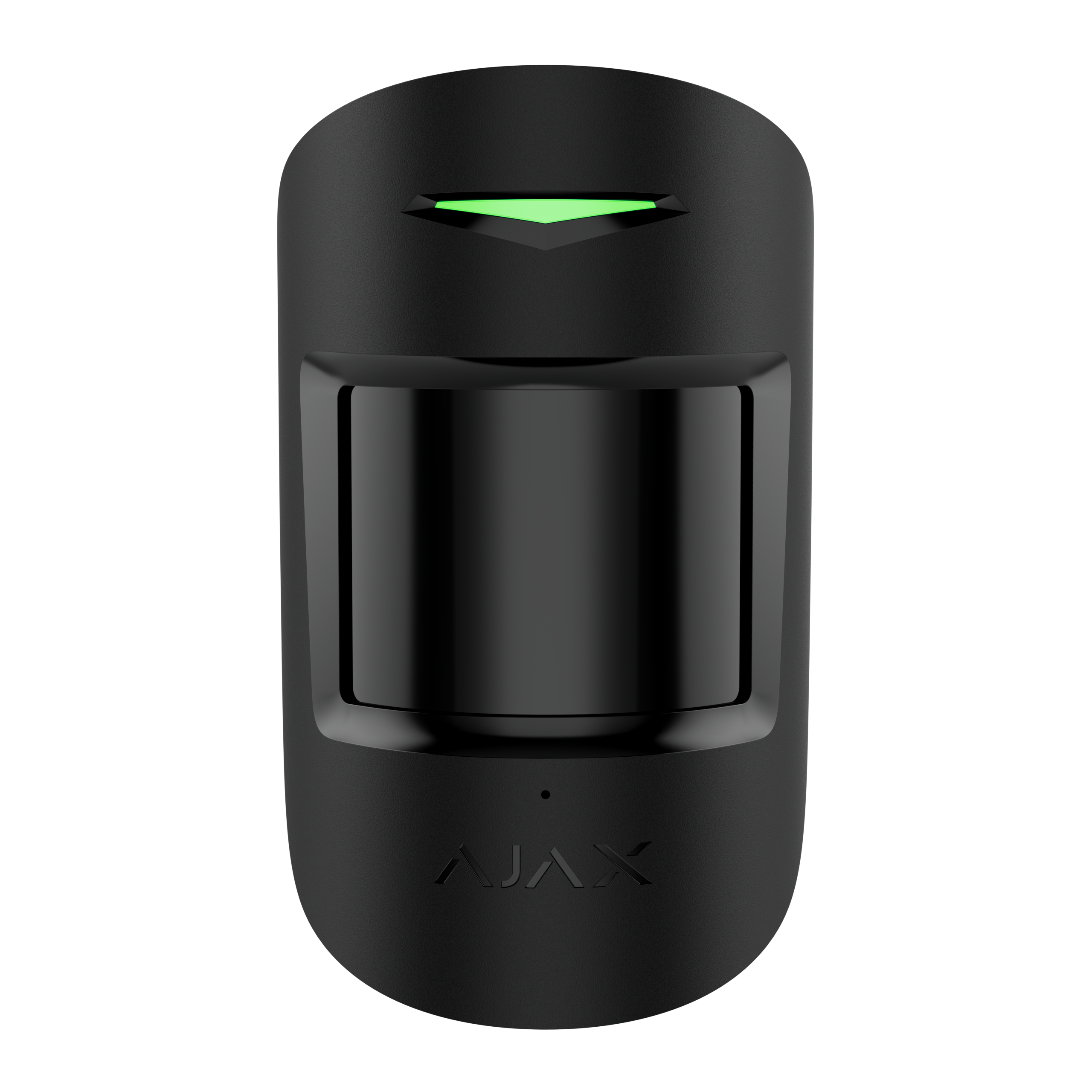 Ein schwarzer Bewegungssensor mit grünem Licht und der Aufschrift "AJAX" auf der Vorderseite.