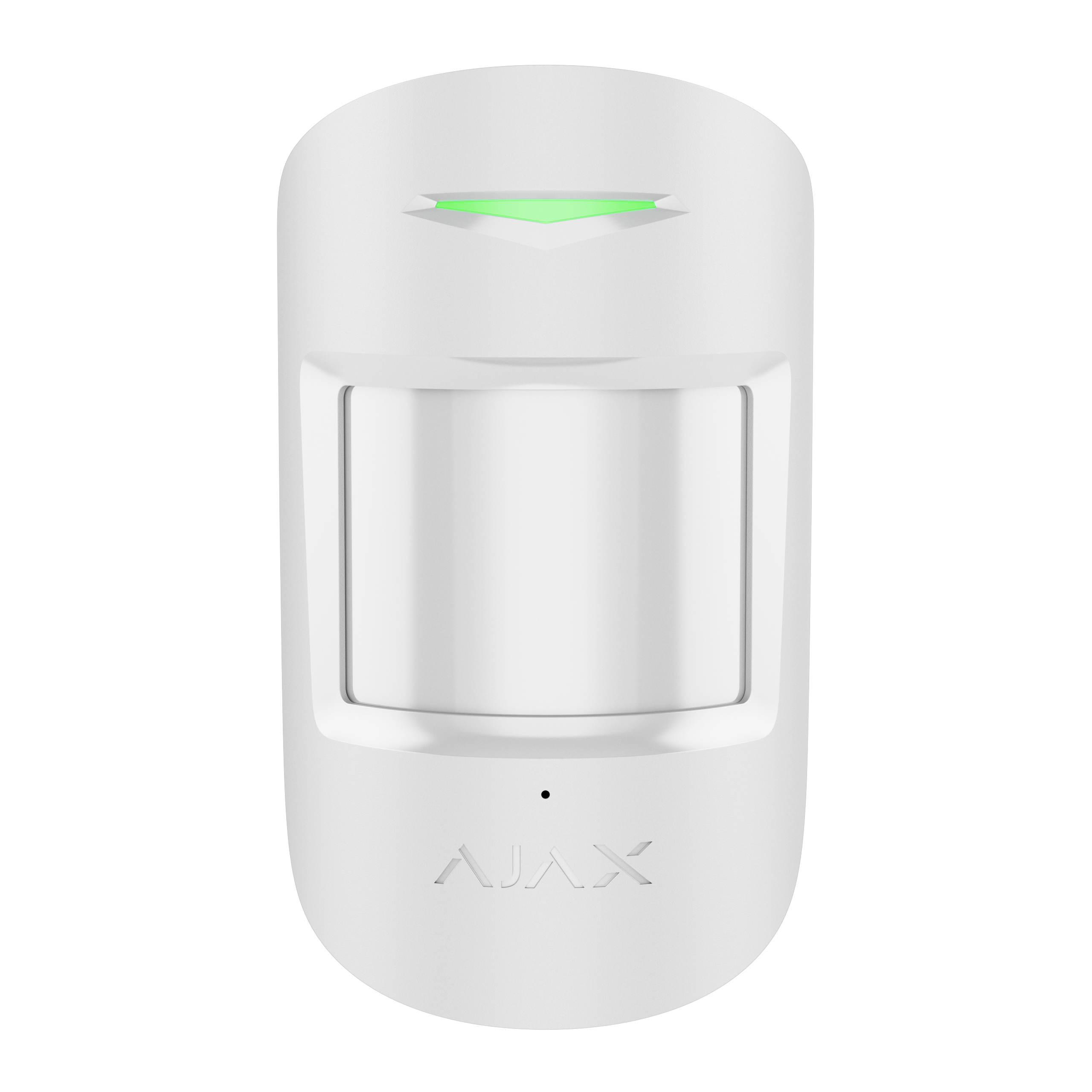 Weißer Bewegungsmelder mit grünem Licht auf schwarzem Hintergrund.