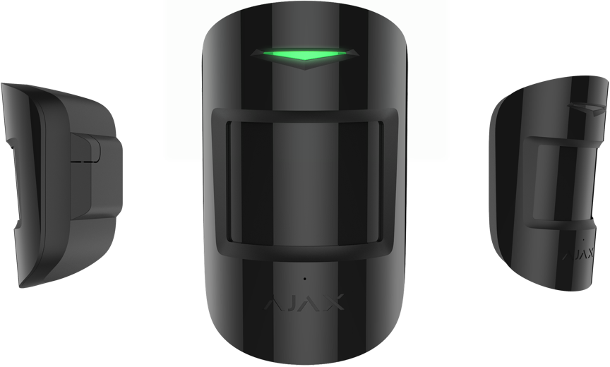 Schwarzer Bewegungssensor mit grünem Indikator, Ansicht von vorn und seitlich.