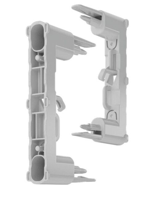 Zwei graue Kunststoffbefestigungselemente mit Haken und Klemmen, die sich gegenüberstehen.