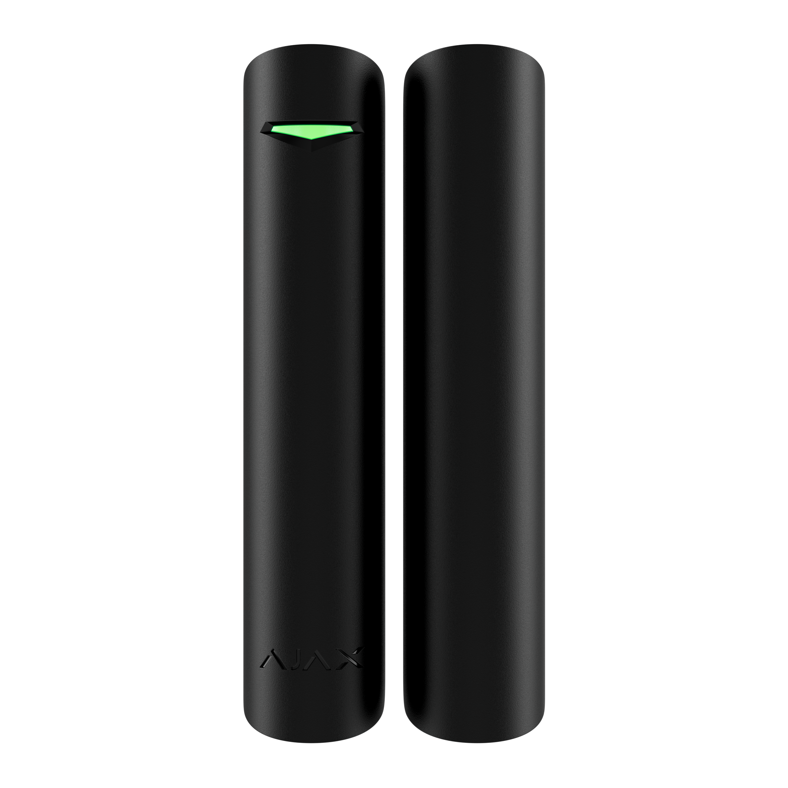 Zwei schwarze zylindrische Geräte nebeneinander, eines mit einem grünen Licht oben.