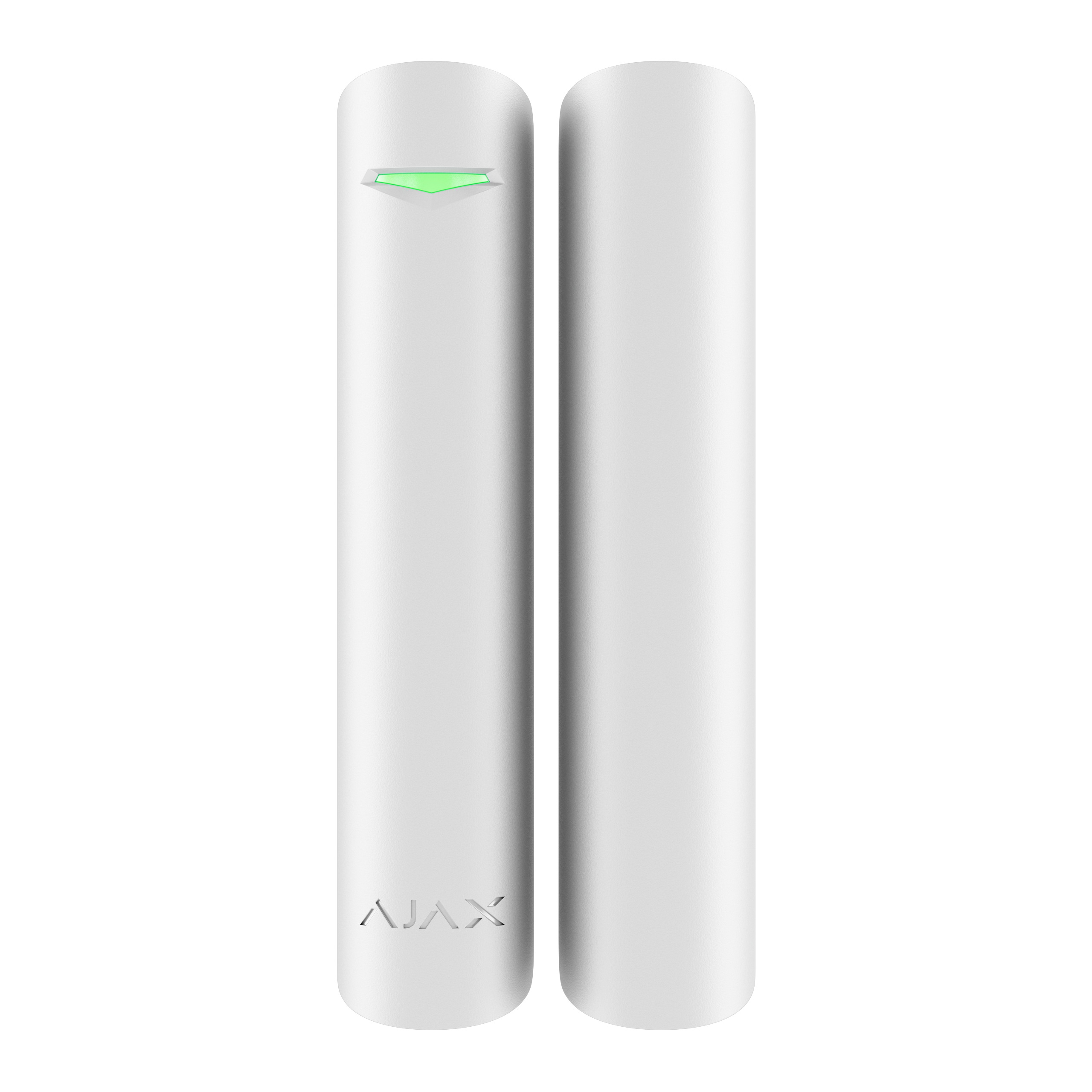 Zwei weiße, schlanke Geräte mit grünem LED-Licht auf einem und "AJAX" Schriftzug unten links.