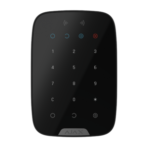 Schwarzes numerisches Keypad mit Touchscreen-Anzeige, beleuchteten Tasten und kleiner Schrift "AJAX" unten.