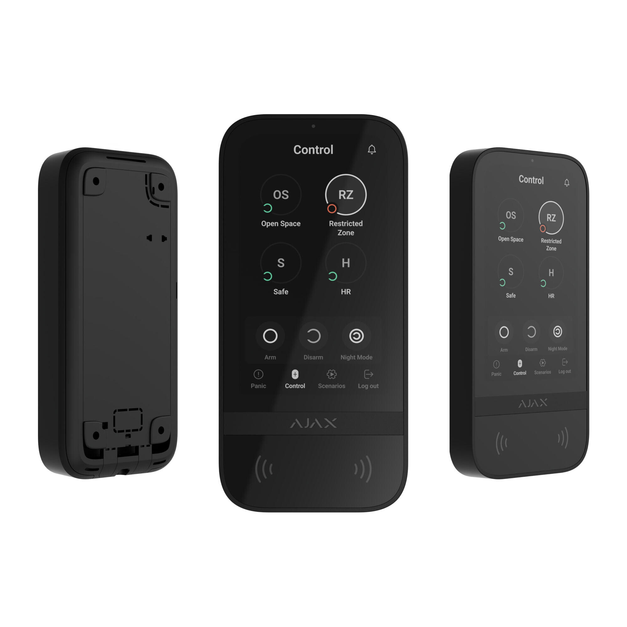 Drei Ansichten eines schwarzen elektronischen Zugangskontrollgeräts mit Touchscreen und mehreren Steuerungsoptionen.