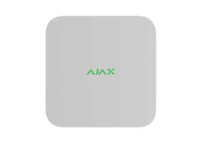 Ein weißes, quadratisches Gerät mit abgerundeten Ecken und dem Wort "AJAX" in grüner Schrift in der Mitte.
