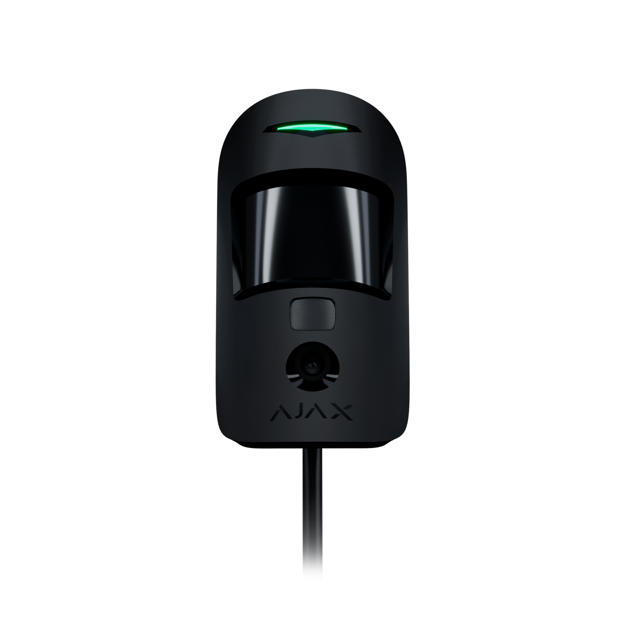 Schwarzer Sensor mit gewölbtem Glas, darunter ein kleines Objektiv und eine leuchtende grüne Anzeige auf schwarzem Hintergrund.