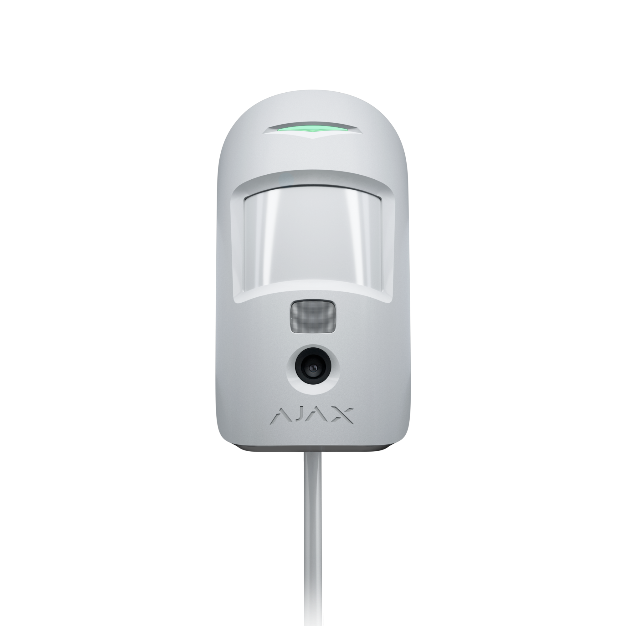 Ein weißer Bewegungssensor mit Kamera und grünem Indikatorlicht vor einem schwarzen Hintergrund.
