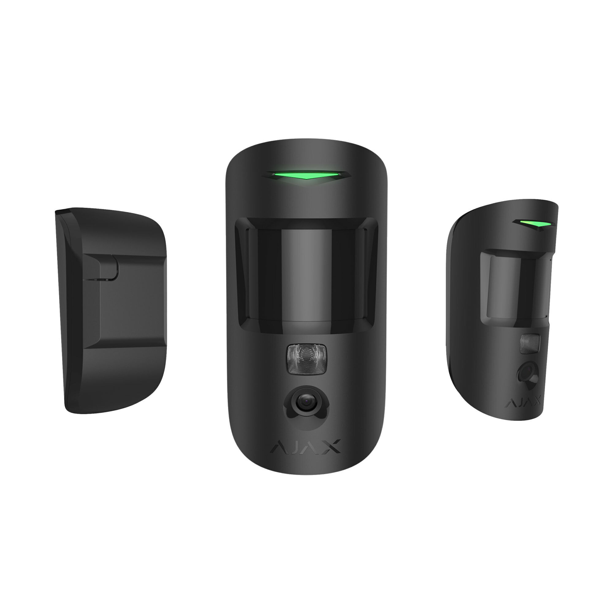 Schwarzer Bewegungsmelder mit zwei Seitenansichten, LED-Anzeige und Kamera-Element.