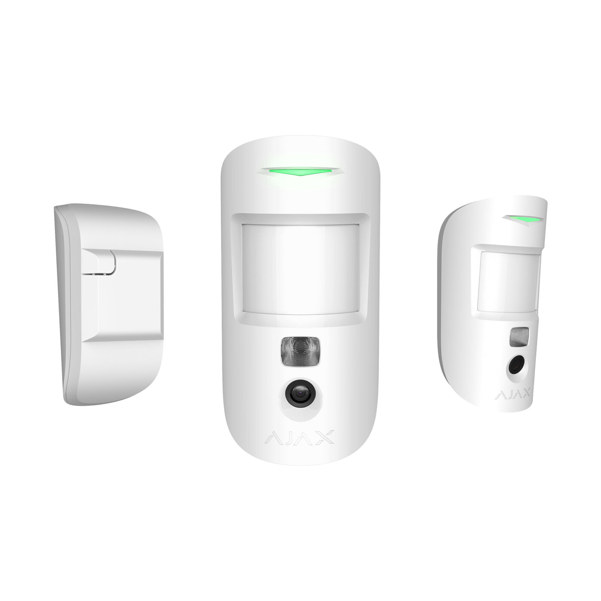 Drei weiße Bewegungsmelder mit Kamera, in verschiedenen Ansichten dargestellt.