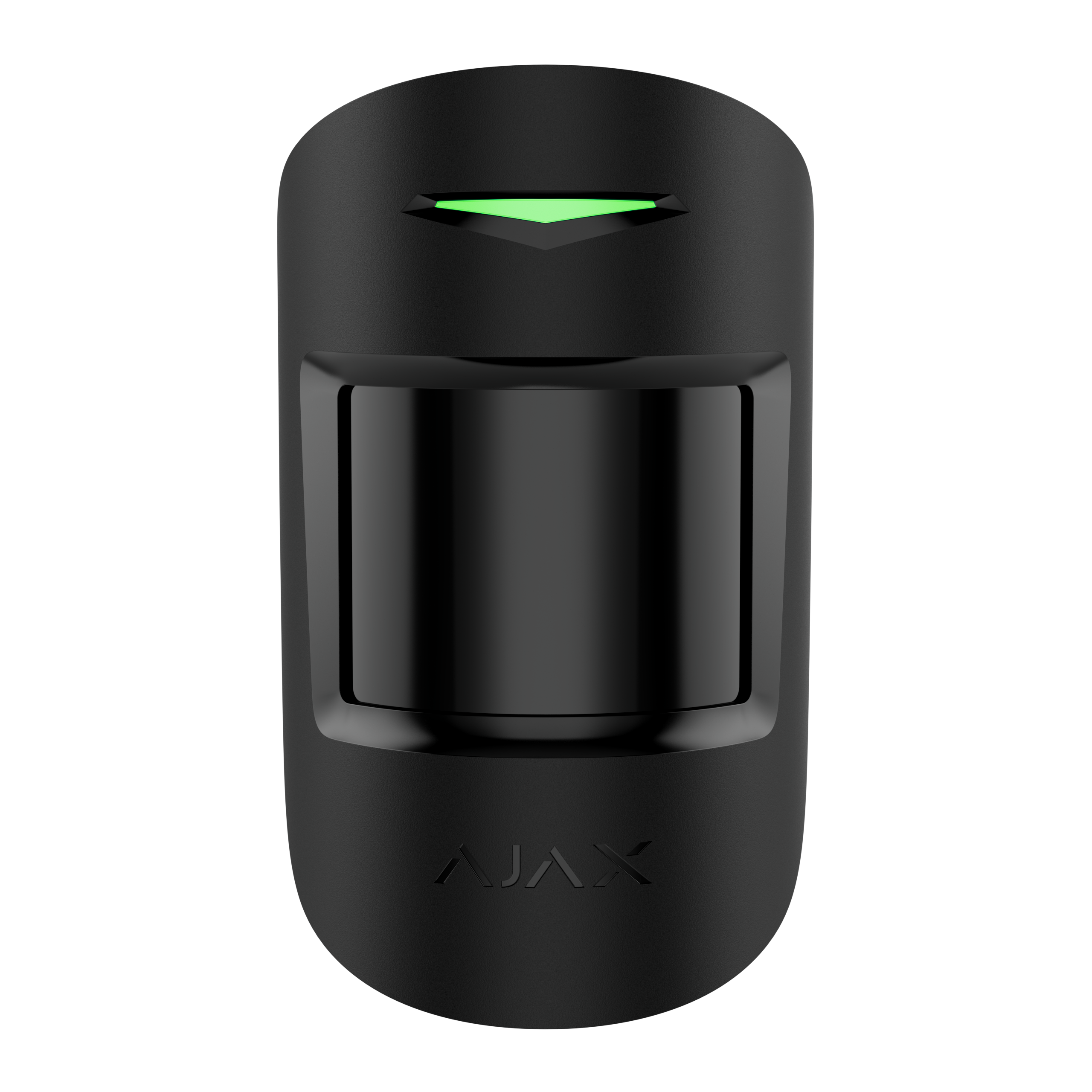 Ein schwarzer Bewegungssensor mit einem grünen Licht und dem Schriftzug "AJAX" darunter.