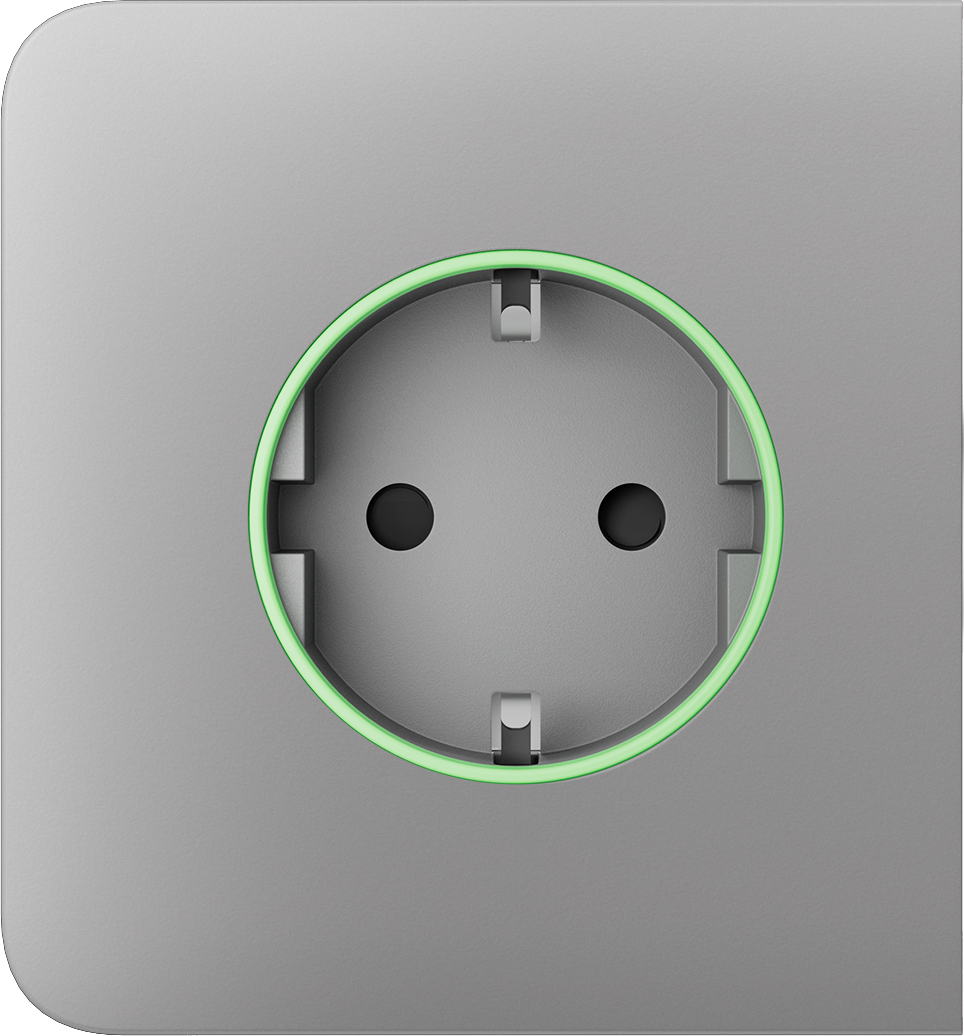 Eine graue Steckdose mit grünem Leuchtring.