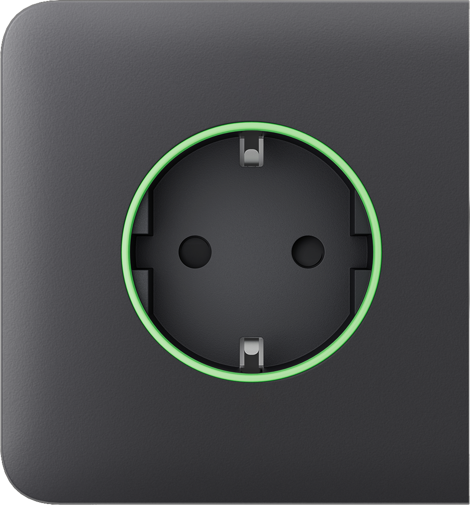 Schwarze Steckdose mit grünem LED-Leuchtring auf grauem Hintergrund.