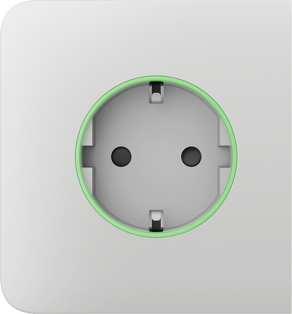 Weiße Steckdose mit grauem Innenbereich und einem grünen Leuchtring.
