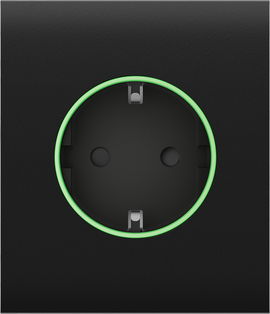 Schwarze Steckdose mit einem grünen Leuchtring um die Öffnung.