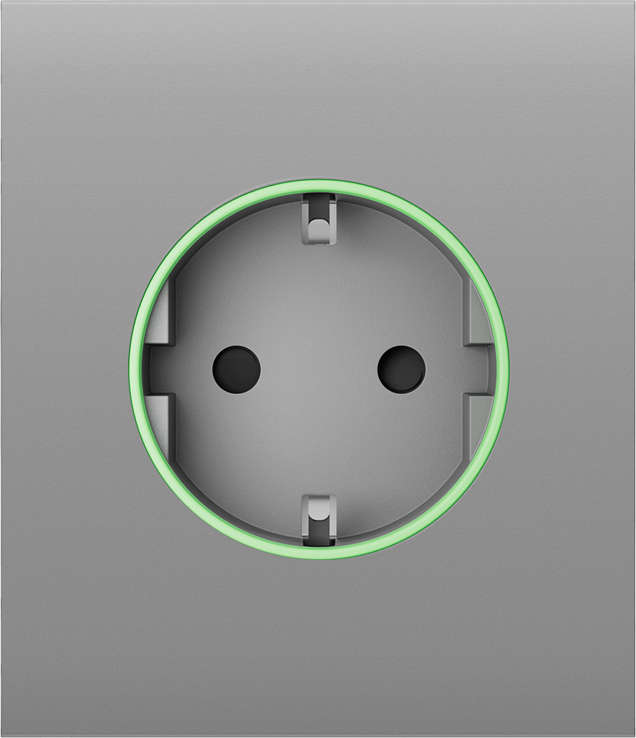 Graue Steckdose mit grünem Leuchtring.
