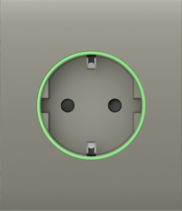 Eine Steckdose mit grünem LED-Ring auf grauem Hintergrund.
