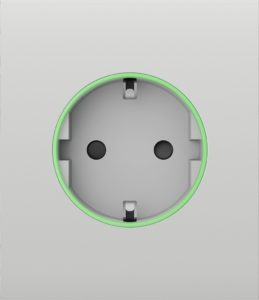 Eine weiße Steckdose mit grünem LED-Ring, die betriebsbereit aussieht.