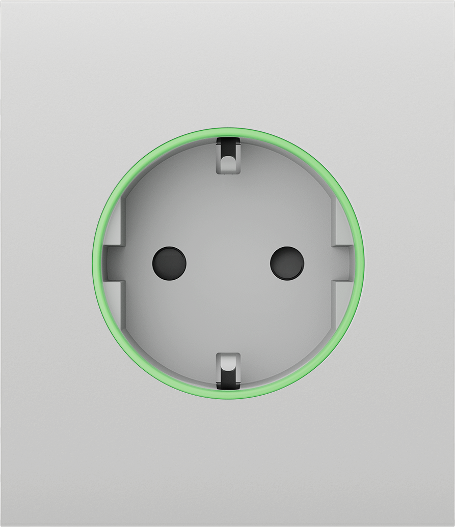 Eine weiße Steckdose mit grünem LED-Ring, die betriebsbereit aussieht.