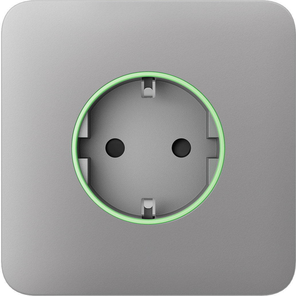 Eine graue Steckdose mit grünem Leuchtring um die Öffnungen.