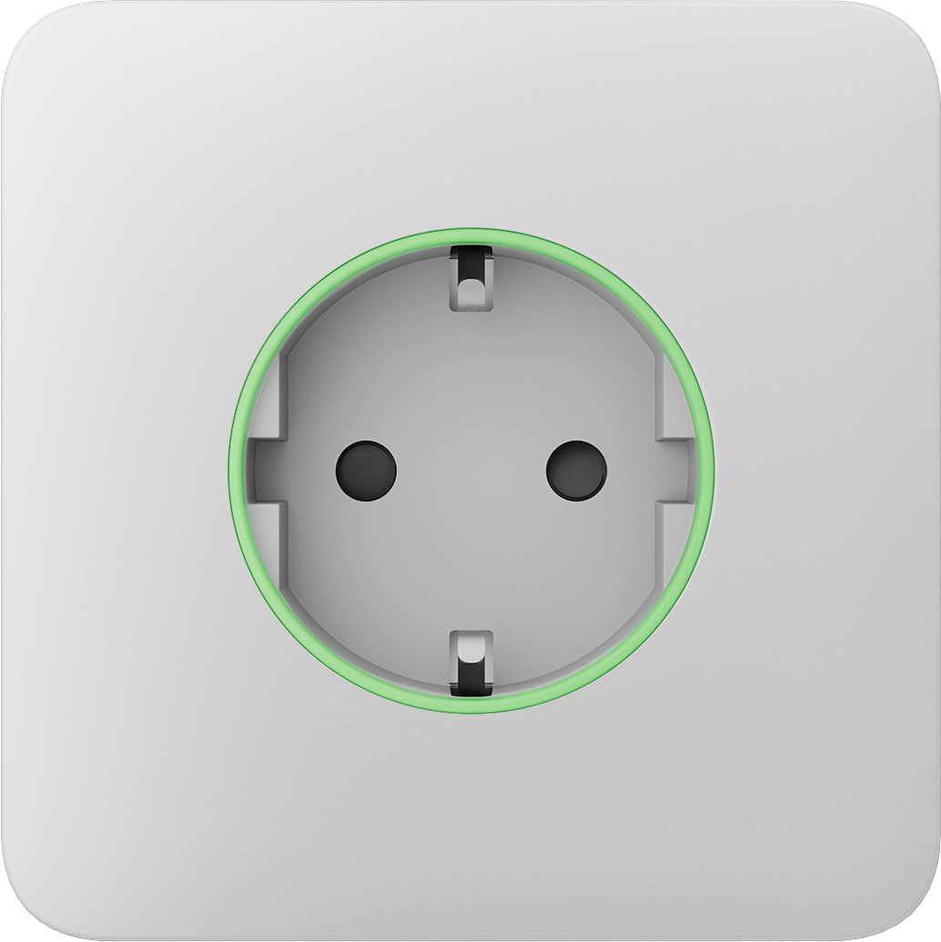 Weiße Wandsteckdose mit einem grünen Leuchtring um die Öffnung.